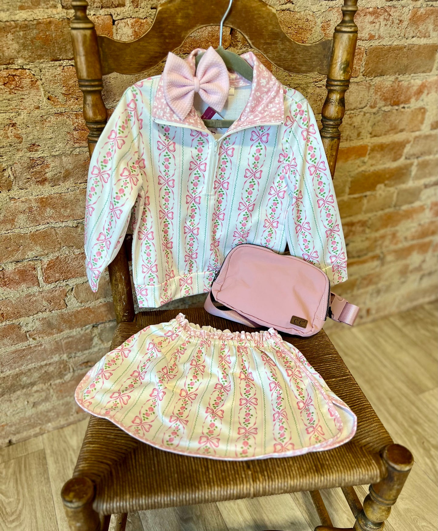Pink Bow Garden Half Zip Skirt Set