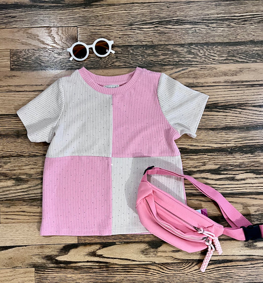 Contrast Jewel Studded Ribbed Knit Tee
