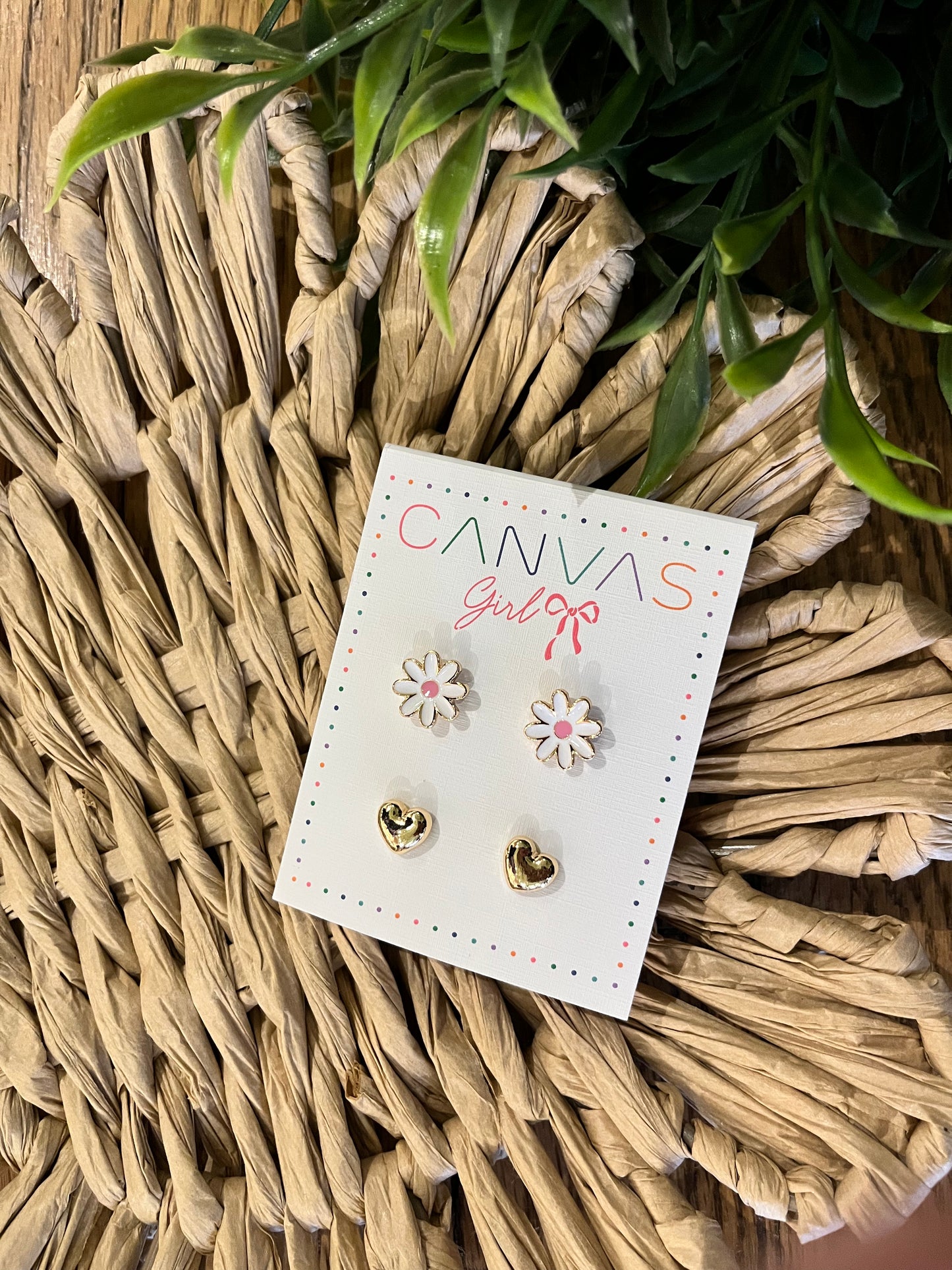 Enamel Daisy & Heart Children's Stud Earrings