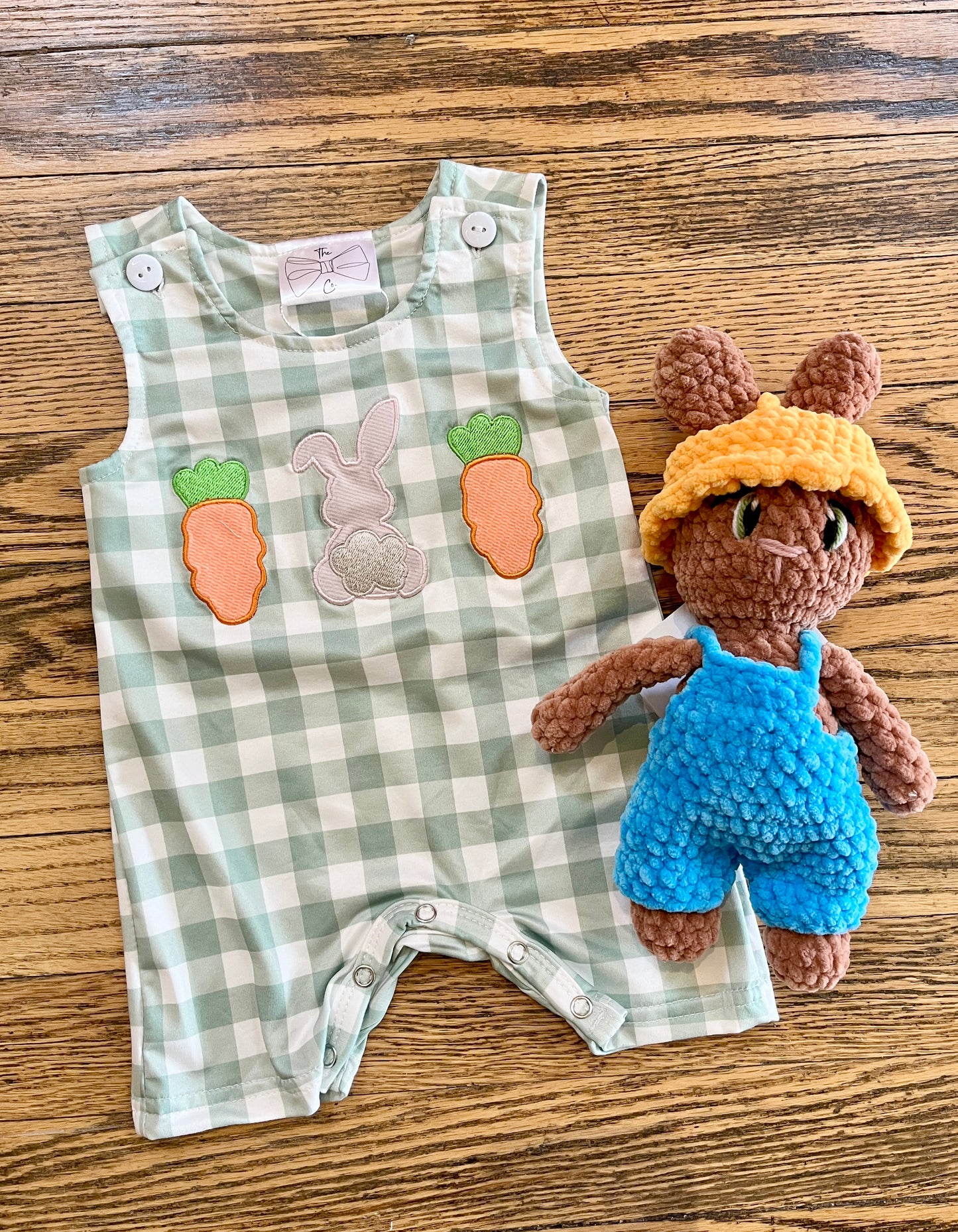 Green Gingham Embroidered Bunny Romper