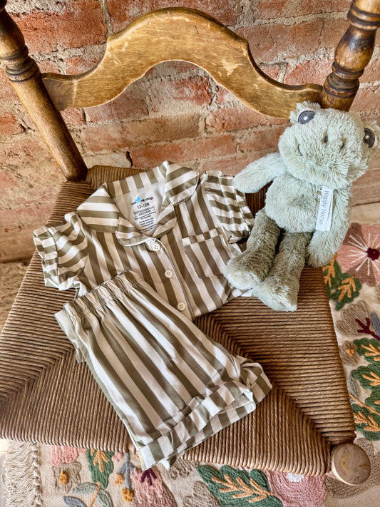 Olive Stripe Bamboo Button Up Short Set