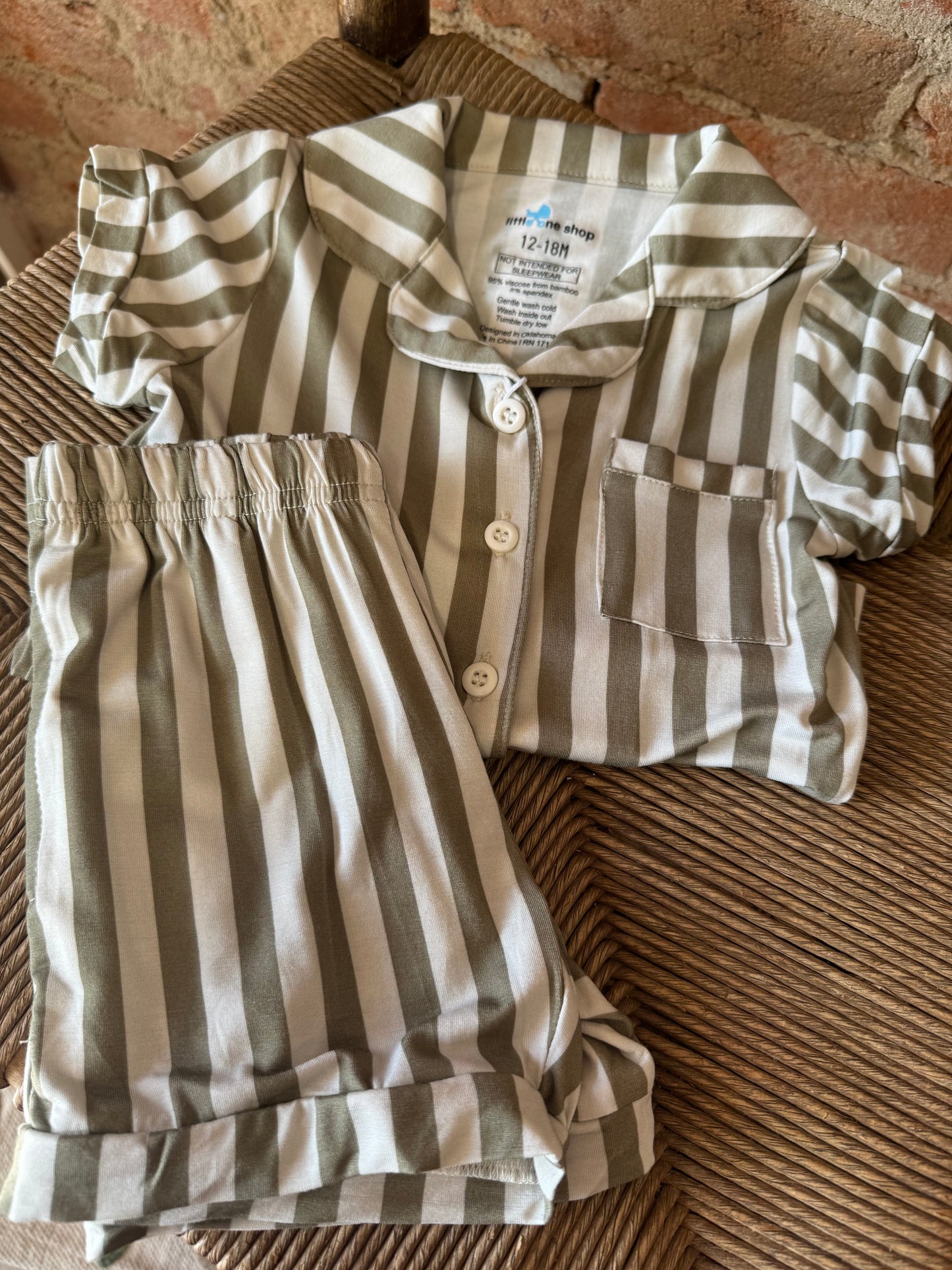 Olive Stripe Bamboo Button Up Short Set