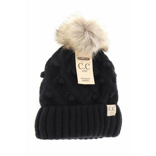 Kids Bobble Knit Beanie with Faux Fur Pom