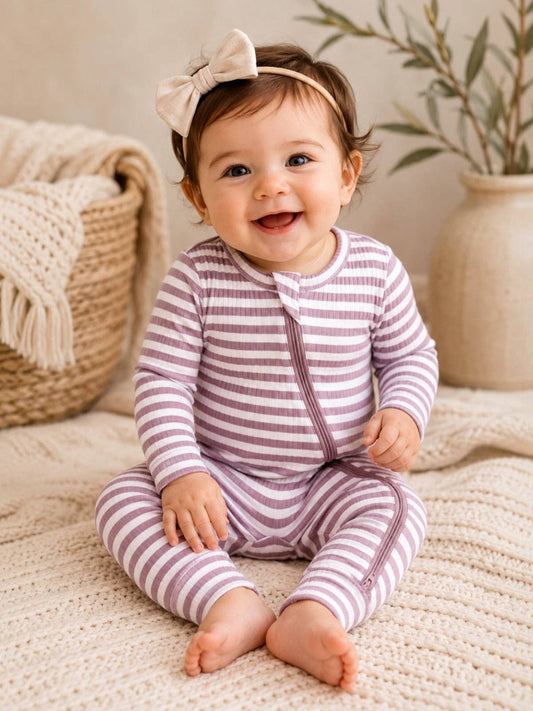 Ribbed Violet Stripe 2-Way Zip Romper