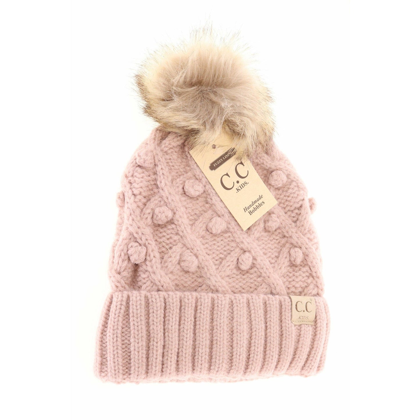 Kids Bobble Knit Beanie with Faux Fur Pom