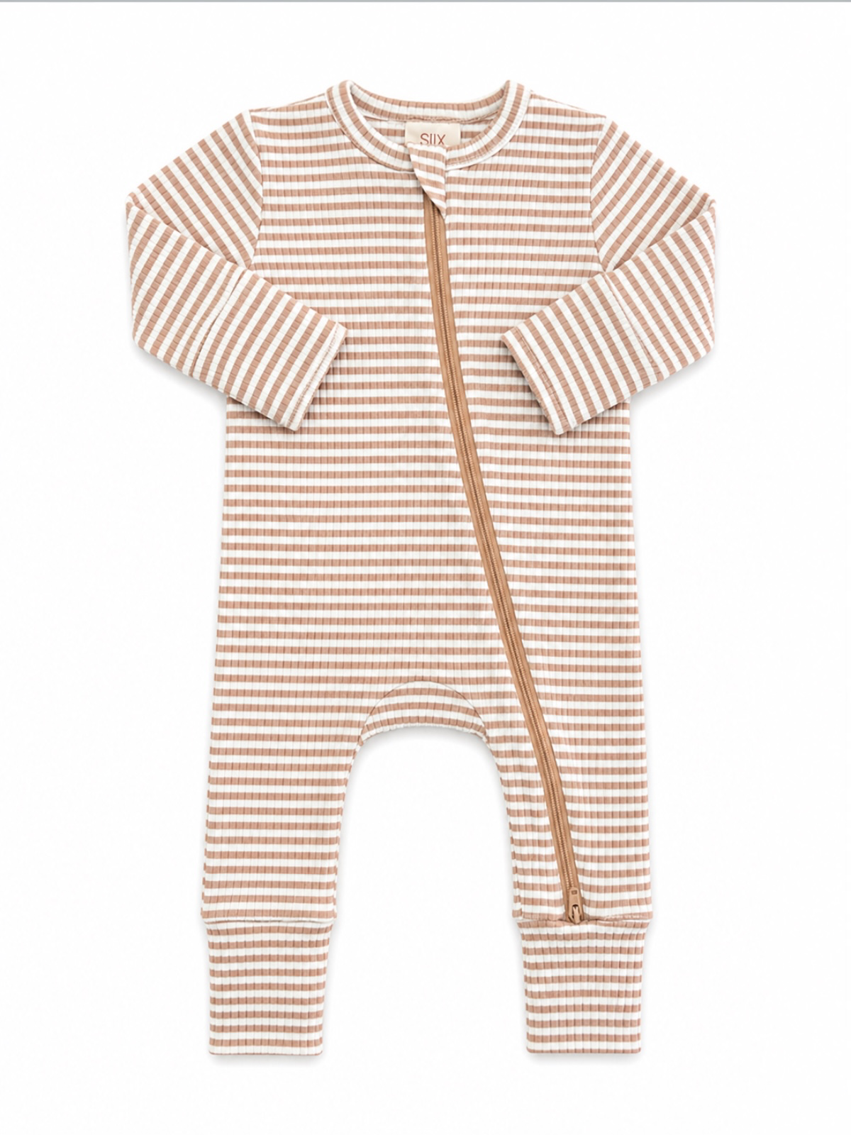 Tan Stripe Ribbed 2-Way Zip Romper