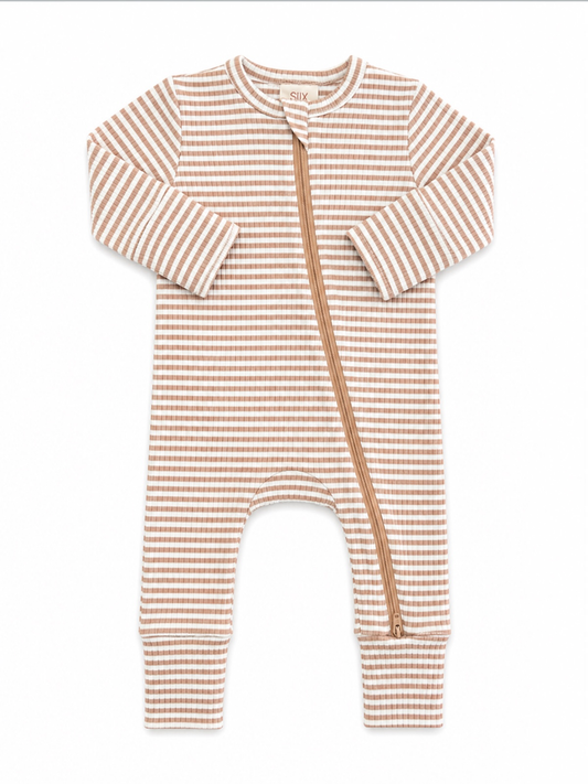 Tan Stripe Ribbed 2-Way Zip Romper