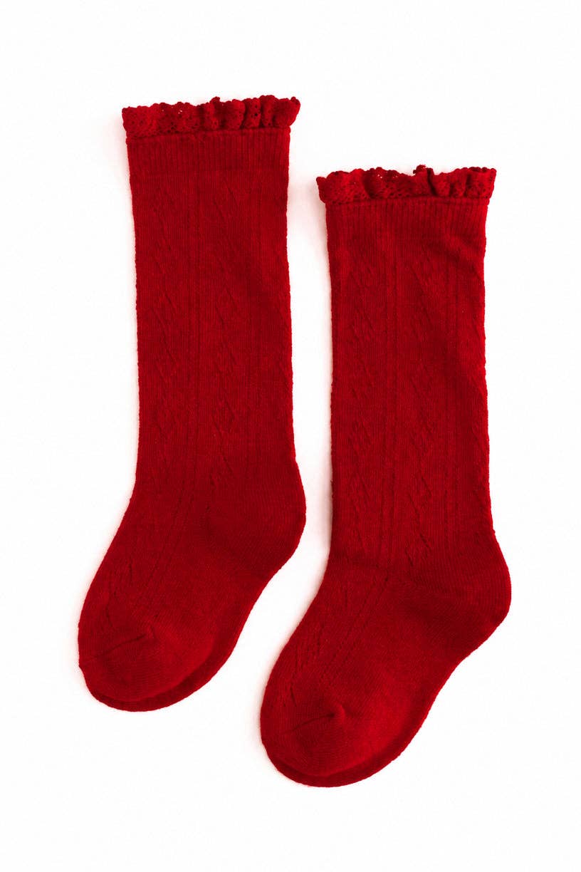 Bright Red Fancy Lace Top Knee High Socks