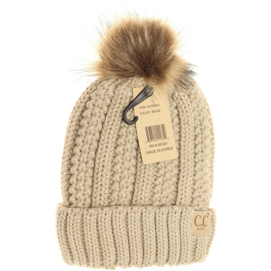 Kids Fuzzy Lined Fur Pom Beanie