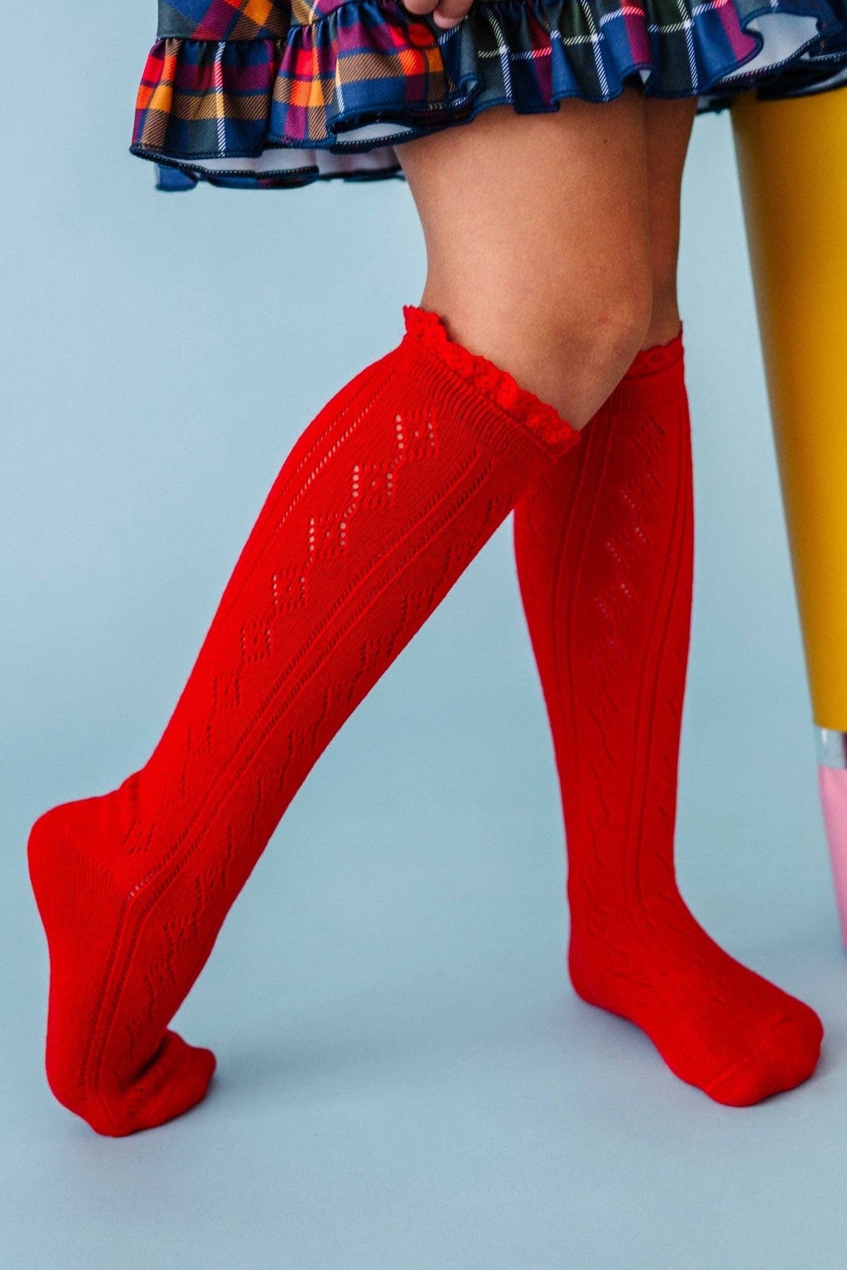 Bright Red Fancy Lace Top Knee High Socks