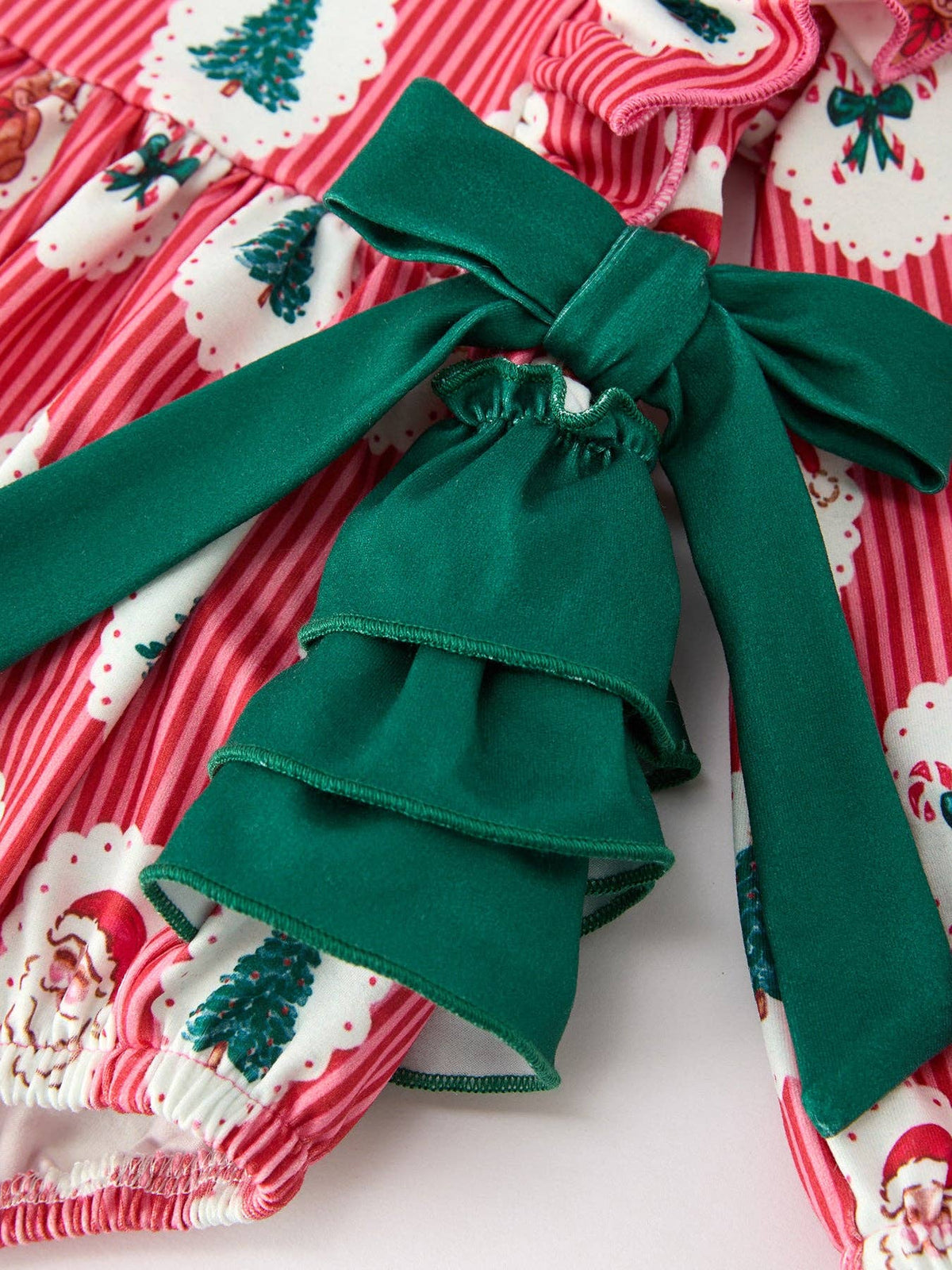 Christmas Santa print ruffle bubble romper with green bows for baby girls