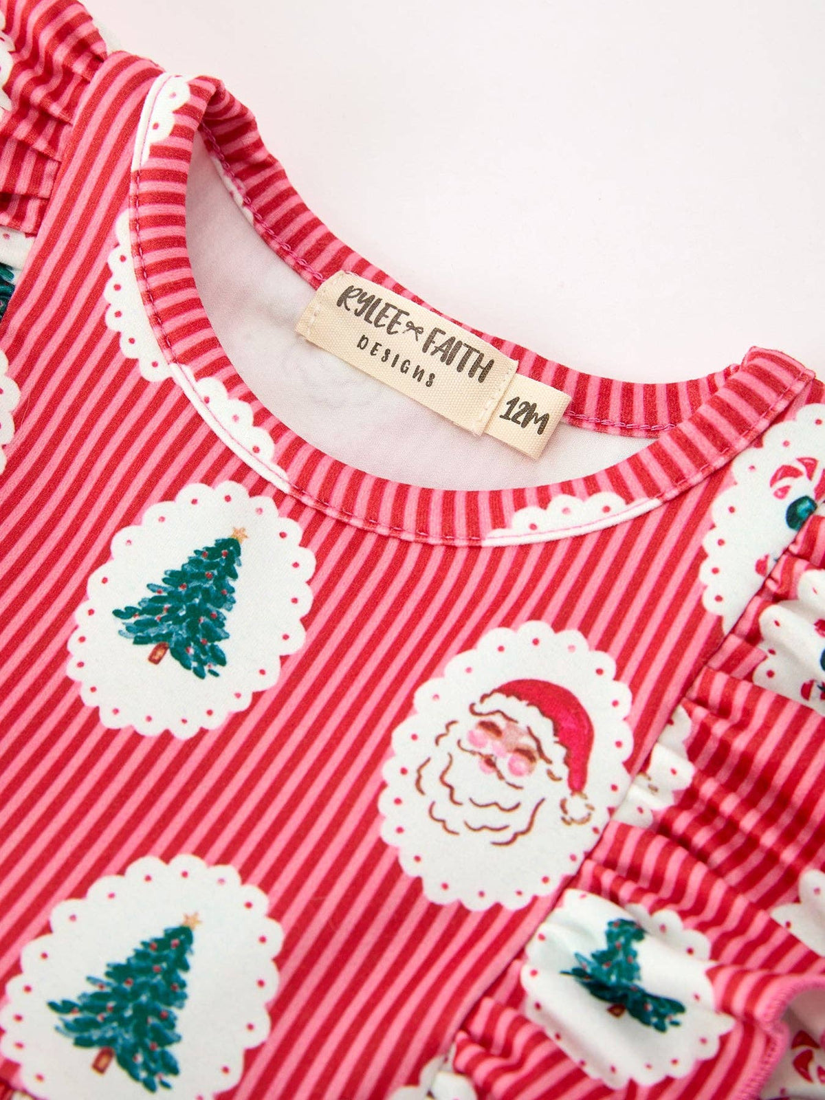 Christmas Santa print ruffle bubble romper with green bows for baby girls