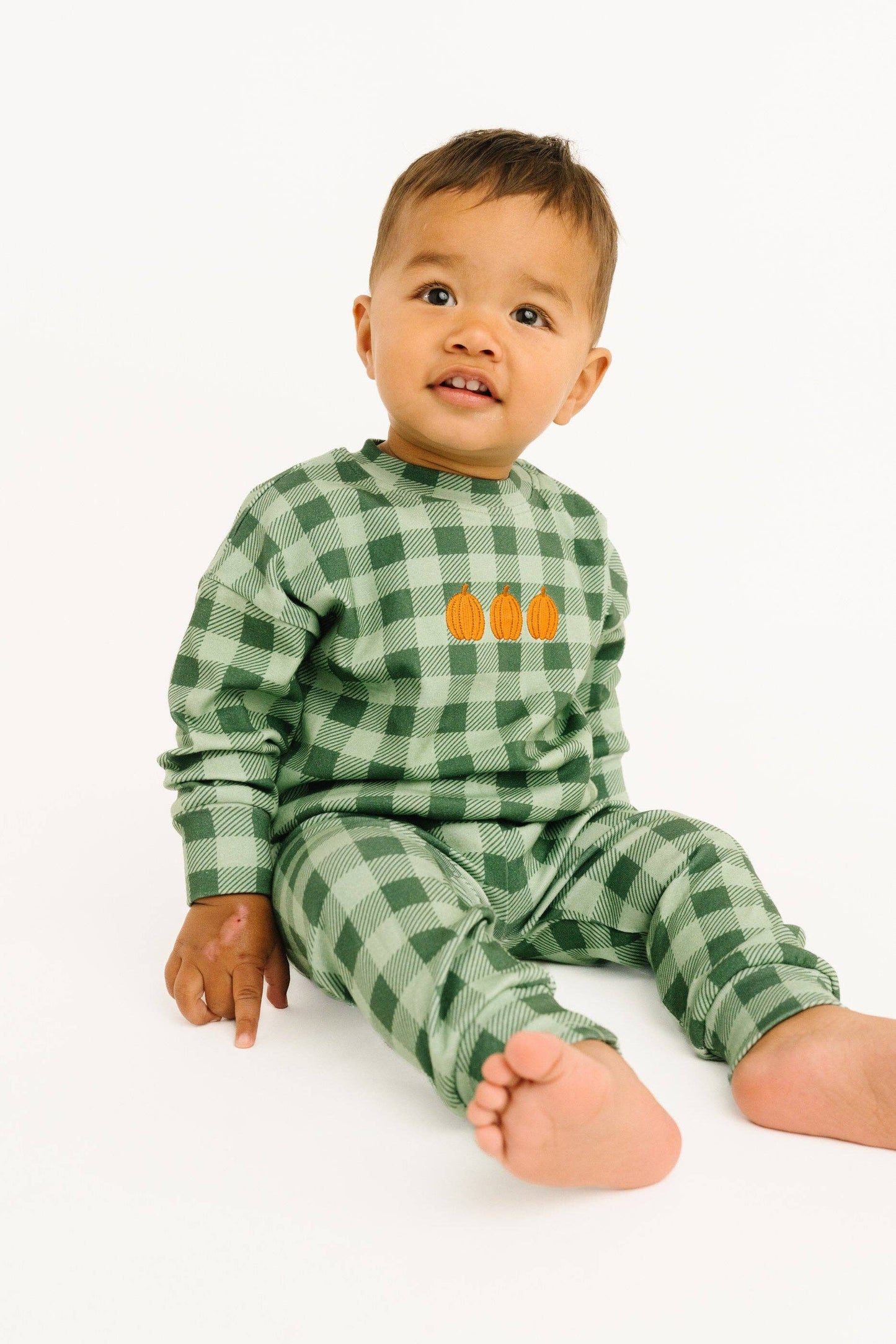 Green Gingham Embroidered Pumpkin Set
