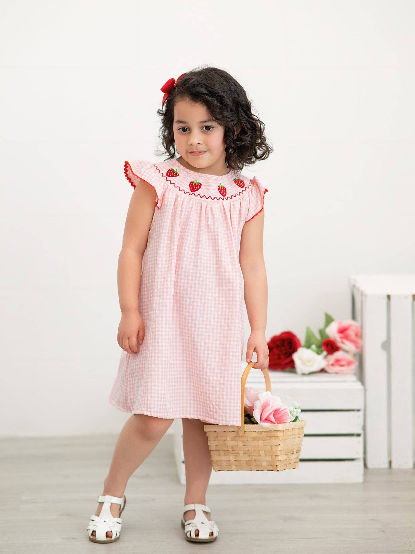 Strawberry Embroidered Plaid Smocked Dress