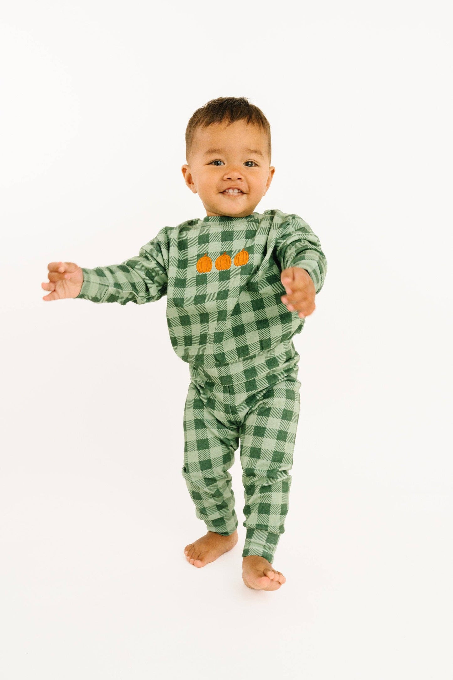 Green Gingham Embroidered Pumpkin Set