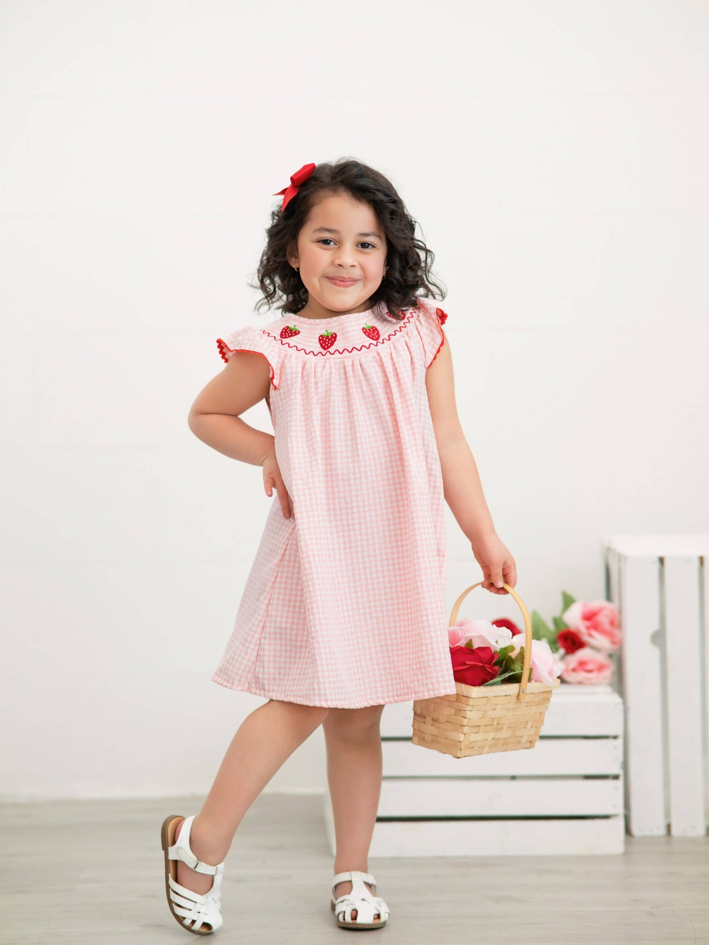 Strawberry Embroidered Plaid Smocked Dress